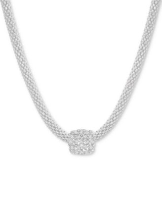 Macy's - Cubic Zirconia Square Charm Mesh Link Pendant Necklace in Sterling Silver, 18" + 2" extender