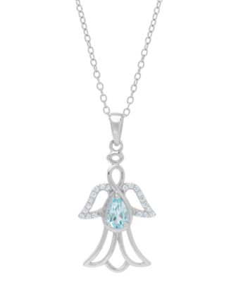 Macy's - Blue Topaz (1/2 ct. t.w.) & Cubic Zirconia Openwork Angel 18" Pendant Necklace in Sterling Silver