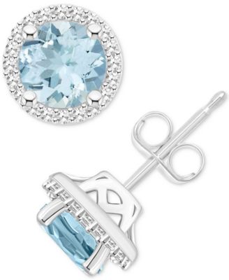 Macy's - Aquamarine (1-1/2 ct. t.w.) & Diamond (1/5 ct. t.w.) Halo Stud Earrings in Sterling Silver (Also in Opal)