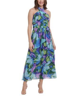 London Times - Women's Floral-Print Wrap-Neck Tie-Front Halter Maxi Dress