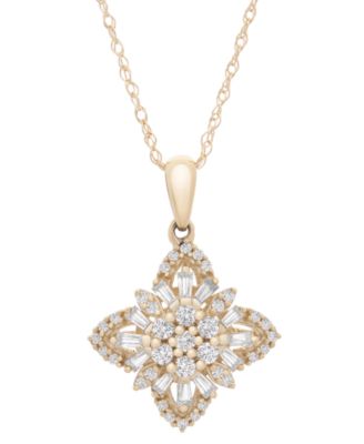 Wrapped in Love - Diamond Round & Baguette Flower Pendant Necklace (1/2 ct. tw) in 14k Gold, 18" + 2" extender