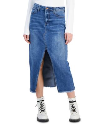 Celebrity Pink - Juniors' Denim Front-Slit Frayed-Hem Midi Skirt