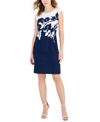 Connected - Petite Printed Cap-Sleeve Belted Sheath Dress