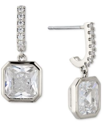 Eliot Danori - Silver-Tone Radiant-Cut Cubic Zirconia Charm J-Hoop Earrings