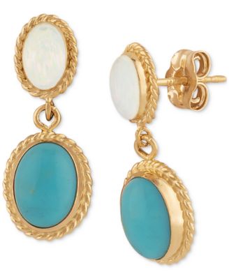 Macy's - Opal & Turquoise Oval Rope-Framed Double Drop Earrings in 14k Gold