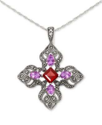 Macy's - Amethyst (1-1/3 ct. t.w.), Garnet (1-5/8 ct. t.w.), & Marcasite (5/8 ct. t.w.) Filigree Cross 18" Pendant Necklace in Sterling Silver