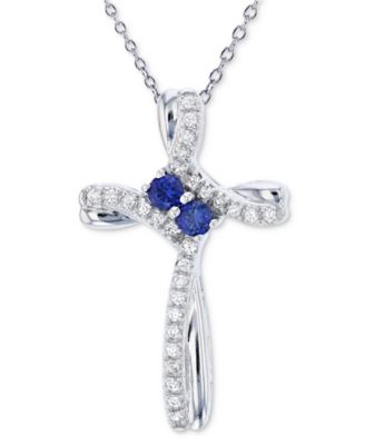 Macy's - Lab Grown Blue Sapphire (1/5 ct. t.w.) & Lab Grown White Sapphire (1/6 ct. t.w.) Cross 18" Pendant Necklace in Sterling Silver