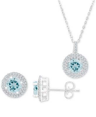 Macy's - 2-Pc. Set Aquamarine (3-1/10 ct. t.w.) & Lab-Grown White Sapphire (7/8 ct. t.w.) Halo Pendant Necklace & Matching Stud Earrings in Sterling Silver