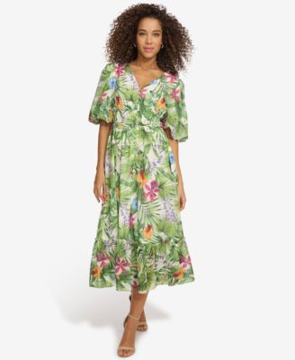 kensie - Women's Floral-Print Balloon-Sleeve Maxi Dress