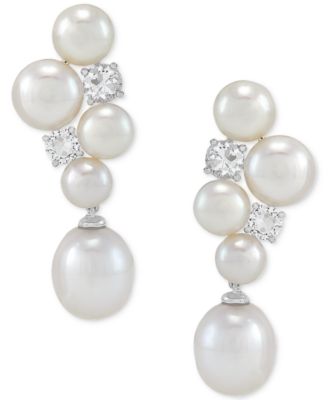 Arabella - Freshwater Pearl (5-1/2-9-1/2mm) & Cubic Zirconia Cluster Drop Earrings in Sterling Silver