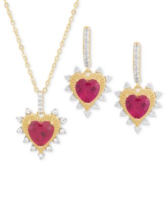 Macy's - 2-Pc. Set Lab Grown Ruby (4-1/5 ct. t.w.) & Lab Grown White Sapphire (5/8 ct. t.w.) Heart Pendant Necklace & Matching Drop Earrings in 14k Gold-Plated Sterling Silver