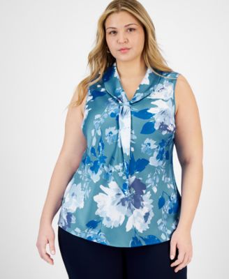 Tahari ASL - Plus Size Printed Sailor Tie-Neck Blouse