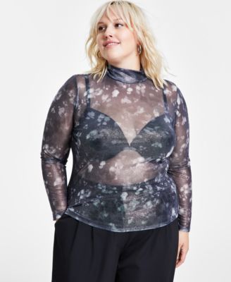 Bar III - Trendy Plus Size Shine Mesh Mock-Neck Top