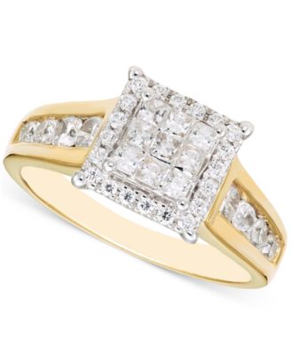 Macy's - Diamond Princess & Round Square Halo Cluster Ring (1 ct. t.w.) in 14k Two-Tone Gold