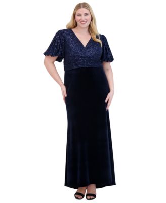 Eliza J - Plus Size V-Neck Mixed-Media Sequin Velvet Gown