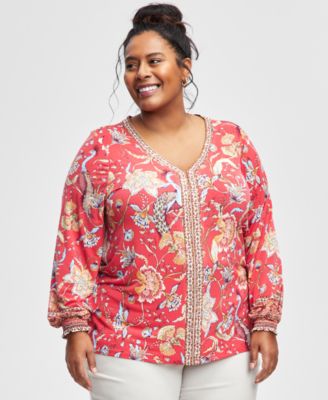 JM Collection - Plus Size Mirella Peacock-Print Blouson-Sleeve Top