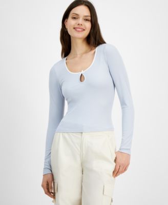 Just Polly - Juniors' Keyhole Scoop-Neck Ribbed Top