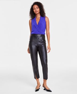 I.N.C. International Concepts - Women's Faux-Leather Front-Slit Straight Pants