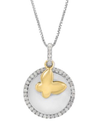 EFFY Collection - Diamond Disc & Butterfly Two Charm 18" Pendant Necklace (1/4 ct. t.w.) in Sterling Silver & Gold-Plate