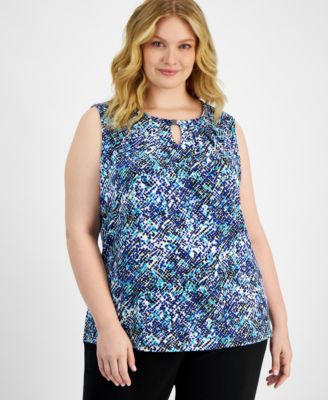 Kasper - Plus Size Printed Pleated Keyhole-Neck Top