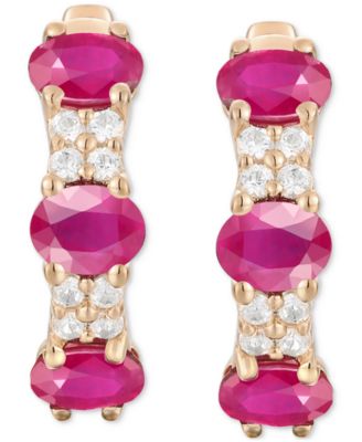 Macy's - Ruby (1-1/3 ct. t.w.) & Diamond (1/5 ct. t.w.) Oval Small Hoop Earrings 14K Gold, 0.5"