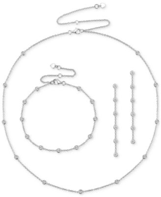Macy's - 3-Pc. Set Diamond Station Collar Necklace, Bracelet & Linear Drop Earrings (1/5 ct. t.w.) in Sterling Silver