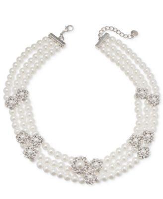 Charter Club - Silver-Tone Pav&eacute; & Imitation Pearl Cluster Triple-Row Collar Necklace, 17" + 2" extender