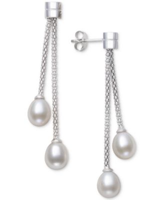 Belle de Mer - Cultured Freshwater Pearl (7-8mm) Chain Drop Earrings in Sterling Silver