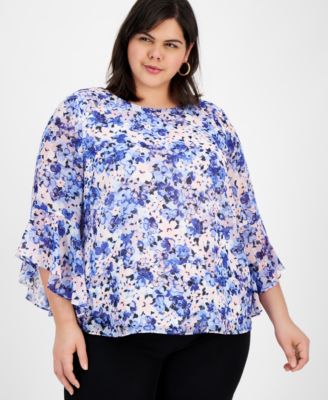 Kasper - Plus Size Floral-Print Ruffled Blouse