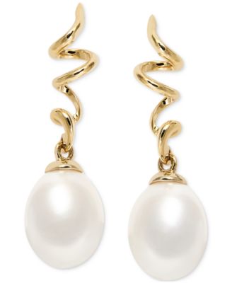 Macy's - Cultured Freshwater Pearl (8-1/2 x 7-1/2mm) Spiral Drop Earrings in 10k Gold
