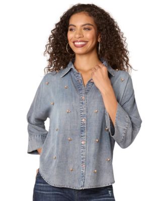 Democracy - Petite Embellished Woven Button-Up Shirt