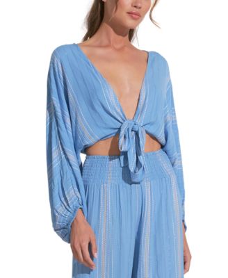 Elan - Women's Striped Tie-Front Long-Sleeve Top