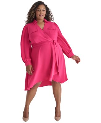 DKNY - Plus Size Balloon-Sleeve Tie-Waist Faux-Wrap Dress