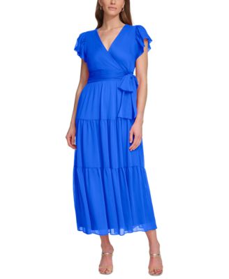 DKNY - Women's Faux-Wrap Cap-Sleeve Tiered Midi Dress