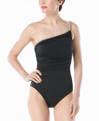 Carmen Marc Valvo - Women's Rhinestone One-Shoulder One-Piece Swimsuit
