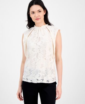 Anne Klein - Petite Ruffled-Neck Cap-Sleeve Lace Blouse