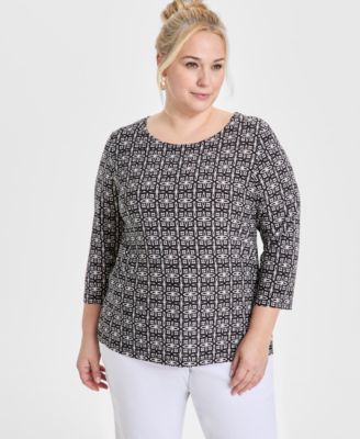 JM Collection - Plus Size Grateful Jacquard 3/4-Sleeve Top
