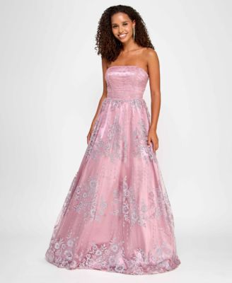 Say Yes - Juniors' Strapless Lace-Up-Back Glitter Gown
