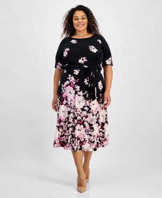 Kasper - Plus Size Printed Tie-Waist Midi Dress
