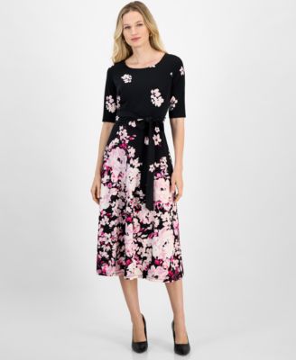 Kasper - Women's Floral Belted Elbow-Sleeve Fit & Flare Dress
