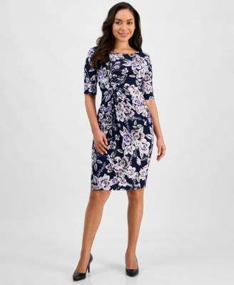 Connected - Petite Printed Short-Sleeve Faux-Wrap Sheath Dress