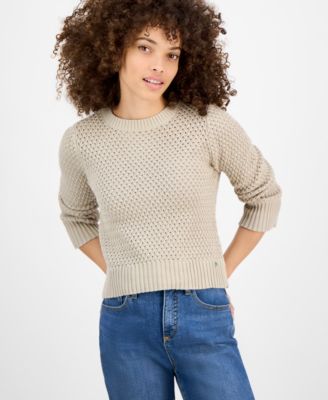 DKNY Jeans - Petite Cotton Open-Stitch Vented-Hem Sweater