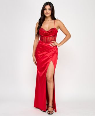 B Darlin - Juniors' Beaded Satin Corset Bodycon Dress