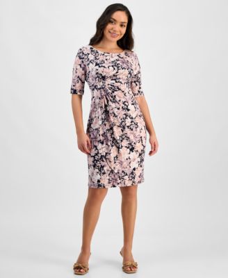 Connected - Petite Printed Short-Sleeve Faux-Wrap Sheath Dress