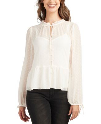 BCX - Juniors' Swiss-Dot Peplum-Hem Tie-Cuff Blouse