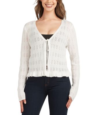 BCX - Juniors' Cotton Flyaway Ruffled-Hem Open-Stitch Cardigan