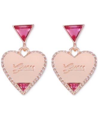 GUESS - Rose Gold-Tone Pink Stone Dangle Heart Drop Earrings