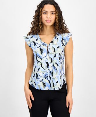 AK Anne Klein - Petite Printed Ruffle-Sleeve Top