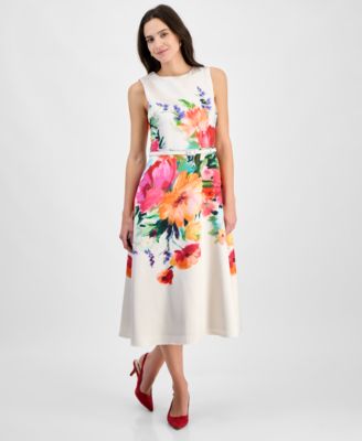 julia jordan - Women's Floral-Print Belted Sleeveless Midi Dress