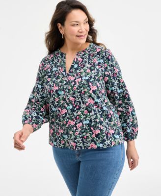 Style & Co - Plus Size Floral-Print Gauze Popover Cotton Top